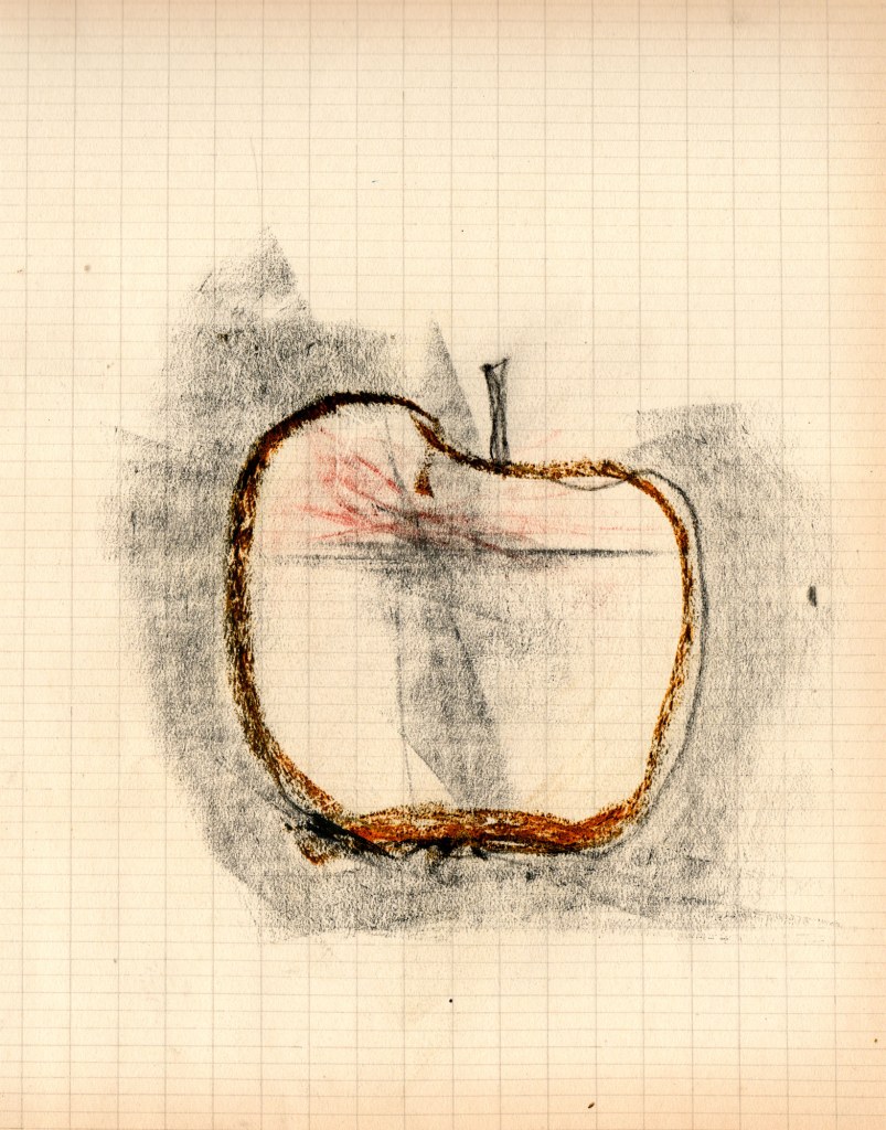 Pomme, mine de plomb et pastel gras sur papier, 14 x 21 cm